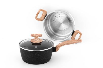 Essential Series Non Stick Granite Cookware, 1.8QT, 18cm Sauce pan with Steamer Basket